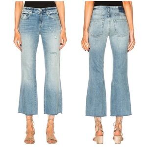 AMO Light Wash Kick Crop Flare Jeans 27 Distressed Raw Hem Sweet Cheeks Blue